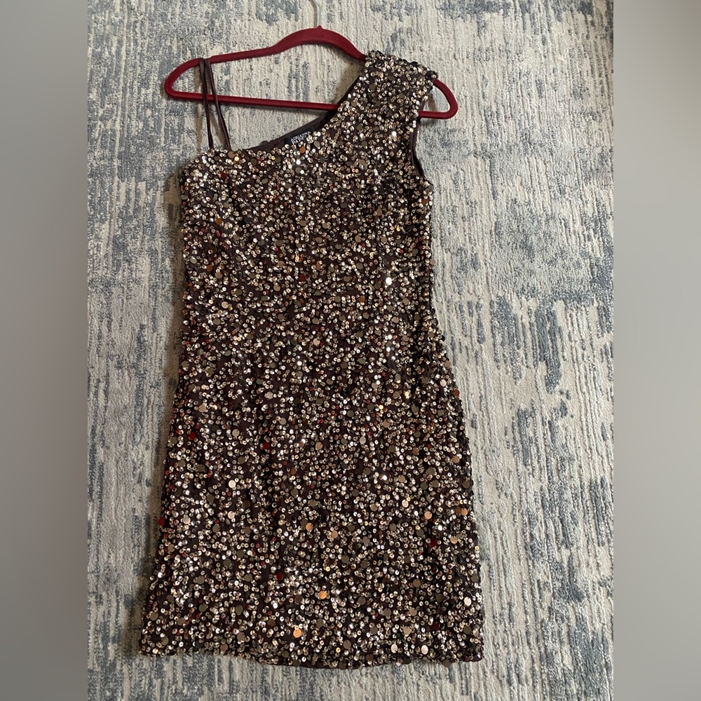One shoulder bronze Adriana Papell Sequin evening mini Dress